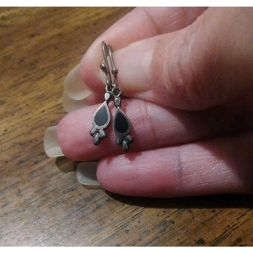 Vtg Jet Back 925 Teardrop Hook Dangle Earrings Marked